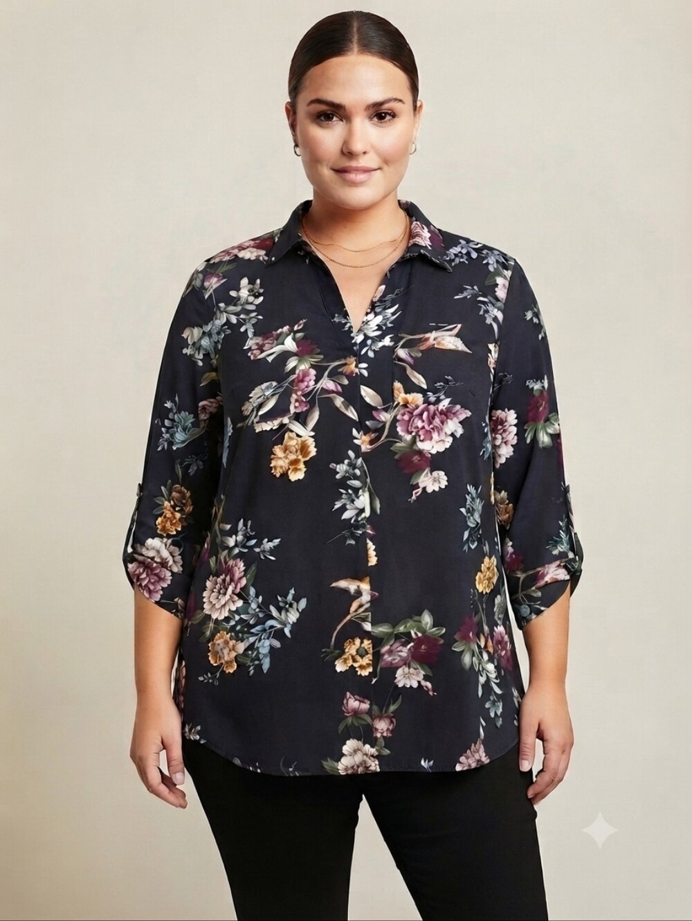 Kismet XXL Dark Floral Roll Tab Sleeve High Low Blouse Business Casual